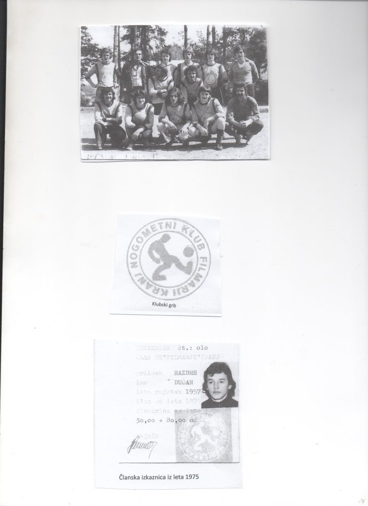 NK Zarica Kranj leta 1975 — Prvo moštvo NK Filmarji, prvotni klubski grb in članska izkaznica iz leta 1975 (izkaznica št. 010 Dušana Razdrha, letnik 1957).